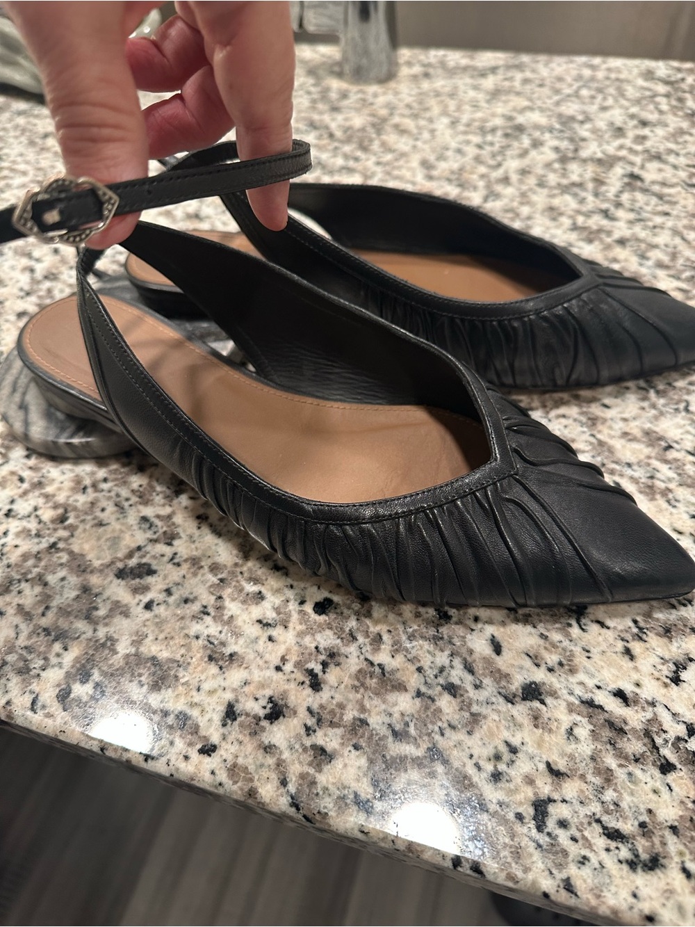 ba&sh Black Ruched Leather Pointed Toe Flat Slingback Sandals Size 9